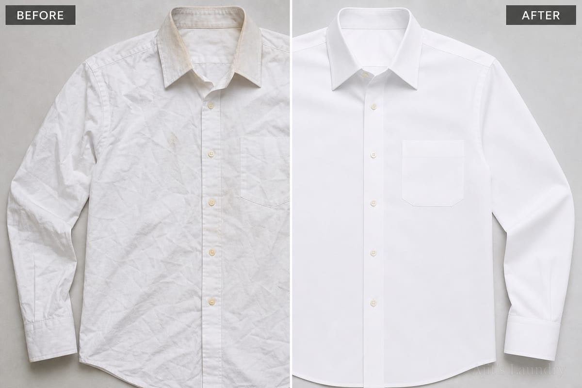 Before and after: white dress shirt dry cleaned and steam pressed at Ajit's Laundry