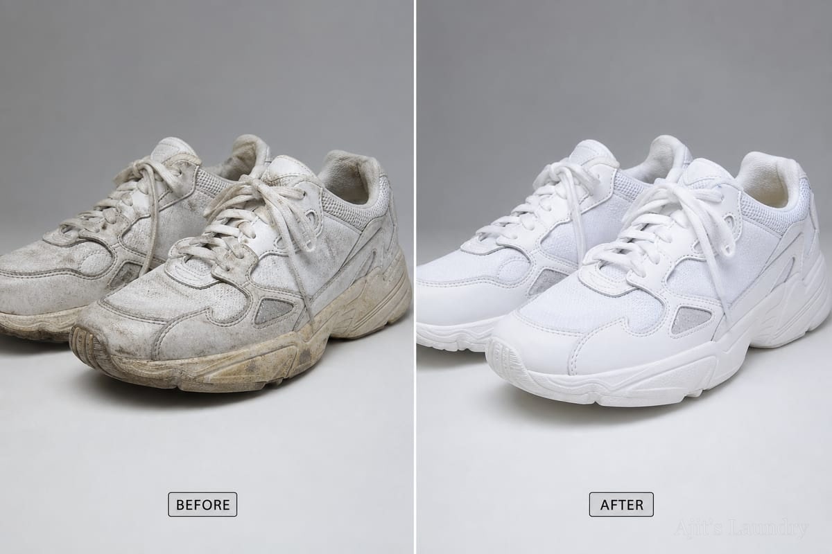 Before and after: white sneakers cleaned at Ajit's Laundry Shoe Spa