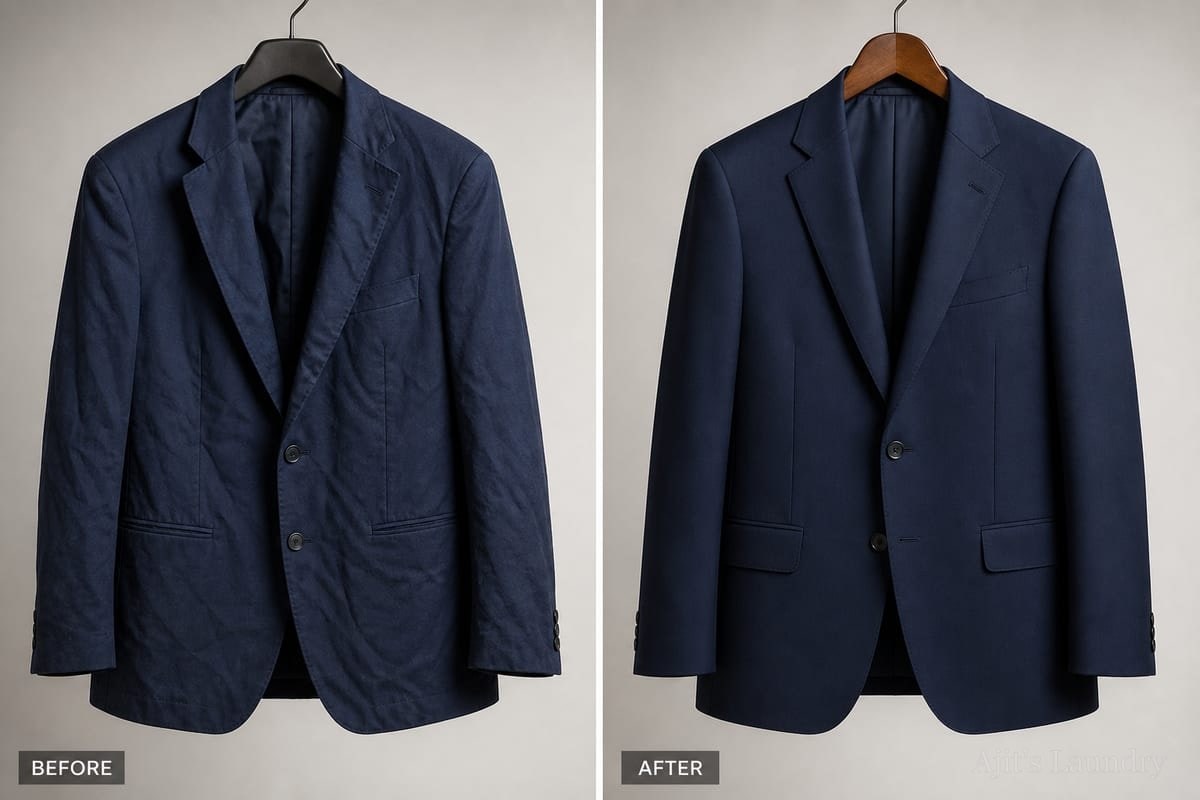 Before and after: navy blazer dry cleaned and pressed