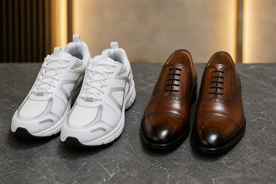 Sports and leather shoes after shoe spa