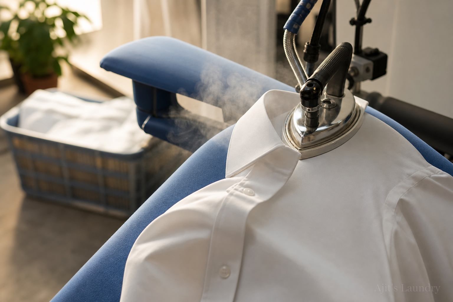 Steam press finishing at Ajit's Laundry